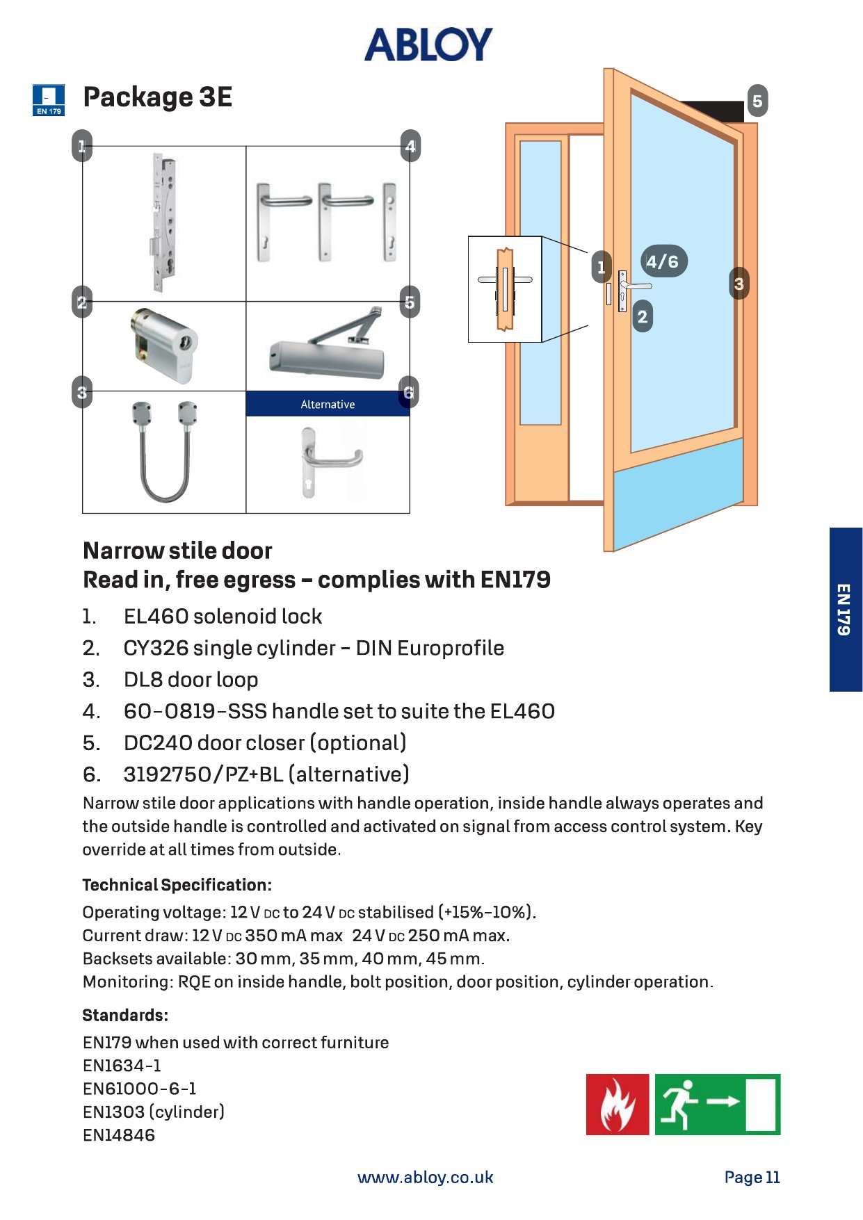 Abloy Package 3E: EL460 solenoid lock, cylinder, door loop, handle set and closer for a narrow stile door, complying with EN 179