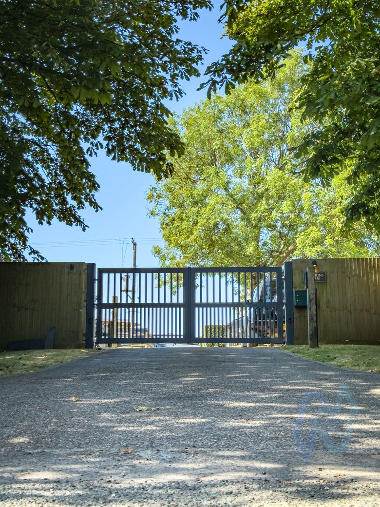 The finished gates from the driveway, framed by trees