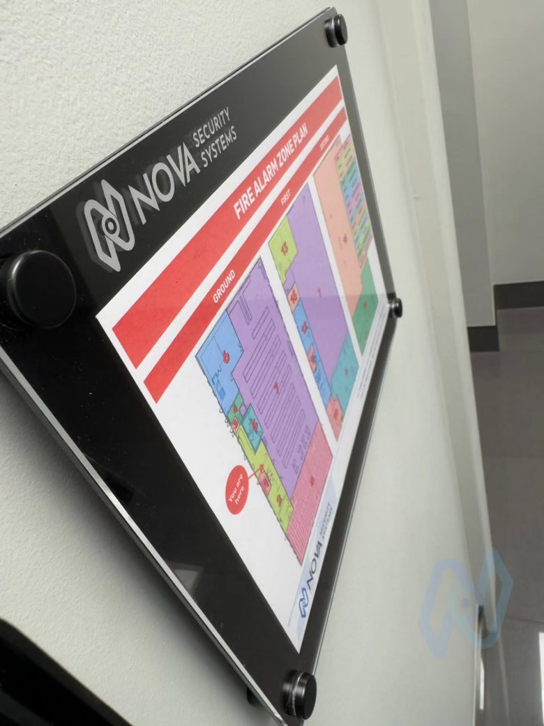 Nova branded laser-cut acrylic fire alarm zone plan frame