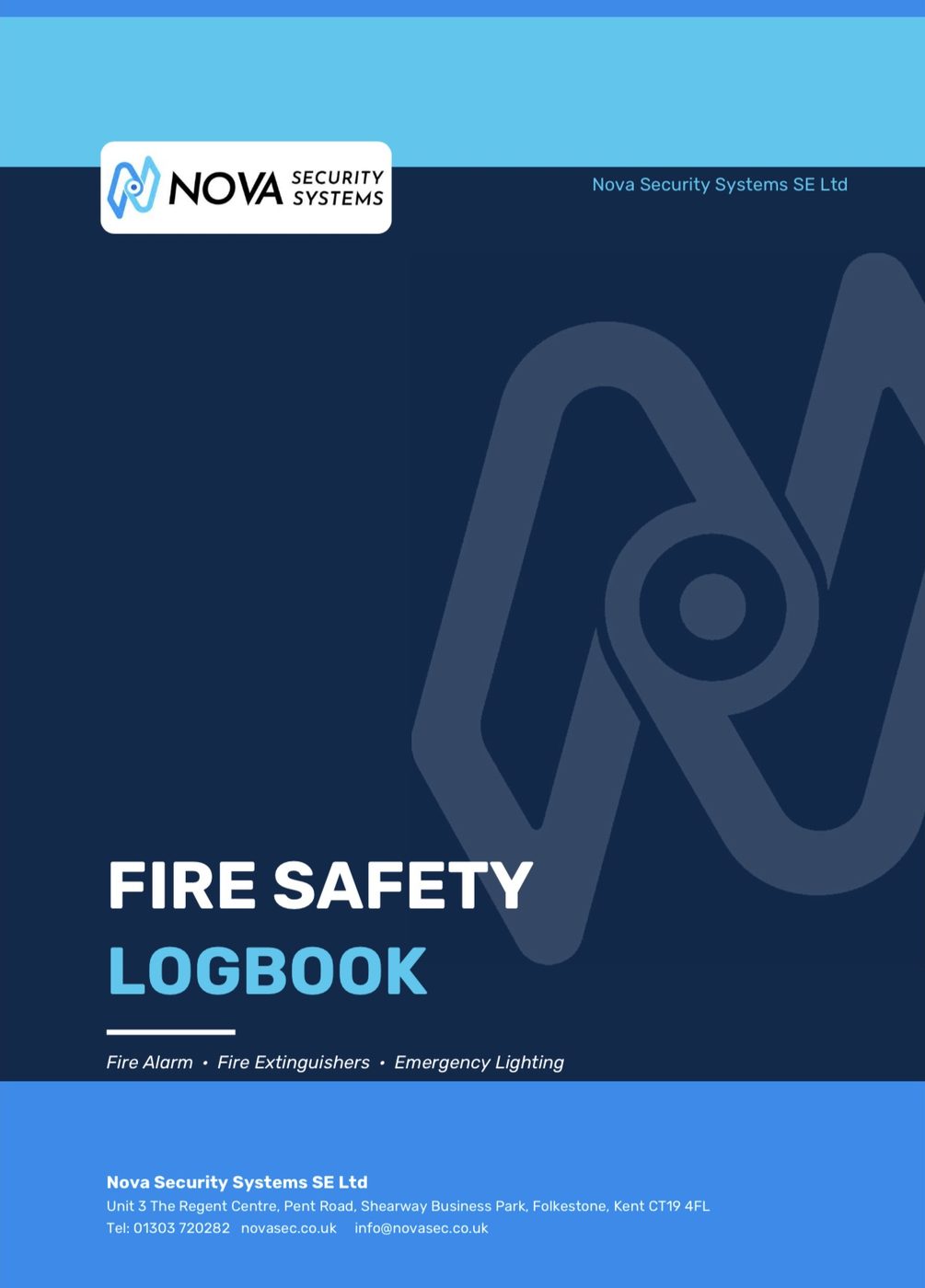 Cover of the Nova Fire Safety Logbook for fire alarms, fire extinguishers and emergency lighting