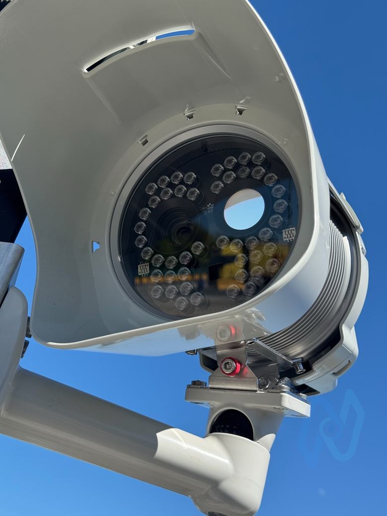 Close-up of a MAV AiQ ANPR camera with its infrared illuminators and sun hood