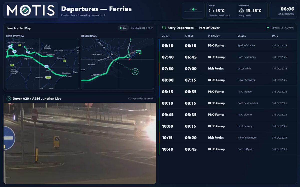 Nova’s bespoke Motis driver display: live Kent traffic map, Port of Dover ferry departures, weather and a live Dover junction camera