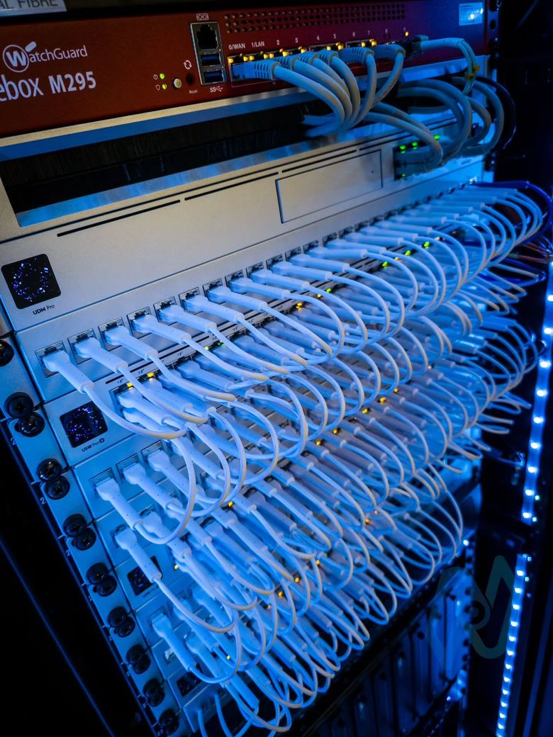 Firewall and Ubiquiti switches with white patch leads