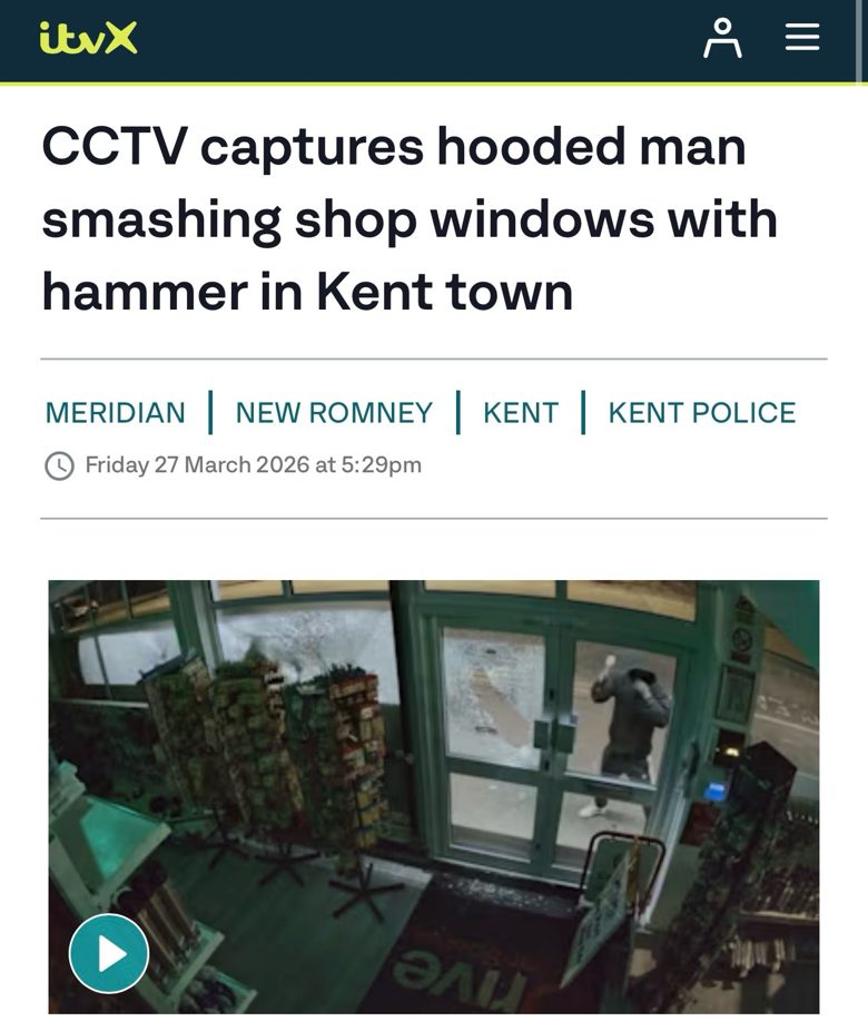 ITV Meridian report: CCTV captures hooded man smashing shop windows with hammer in Kent town