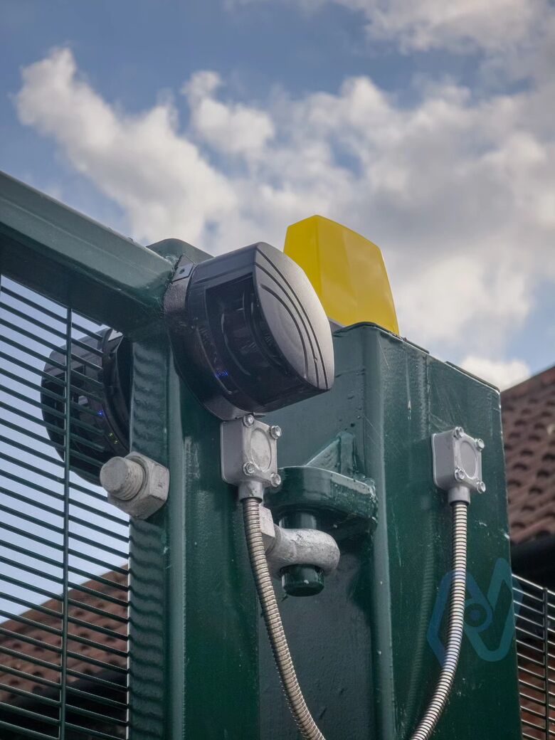 BEA safety laser, warning beacon and camera on a gate post