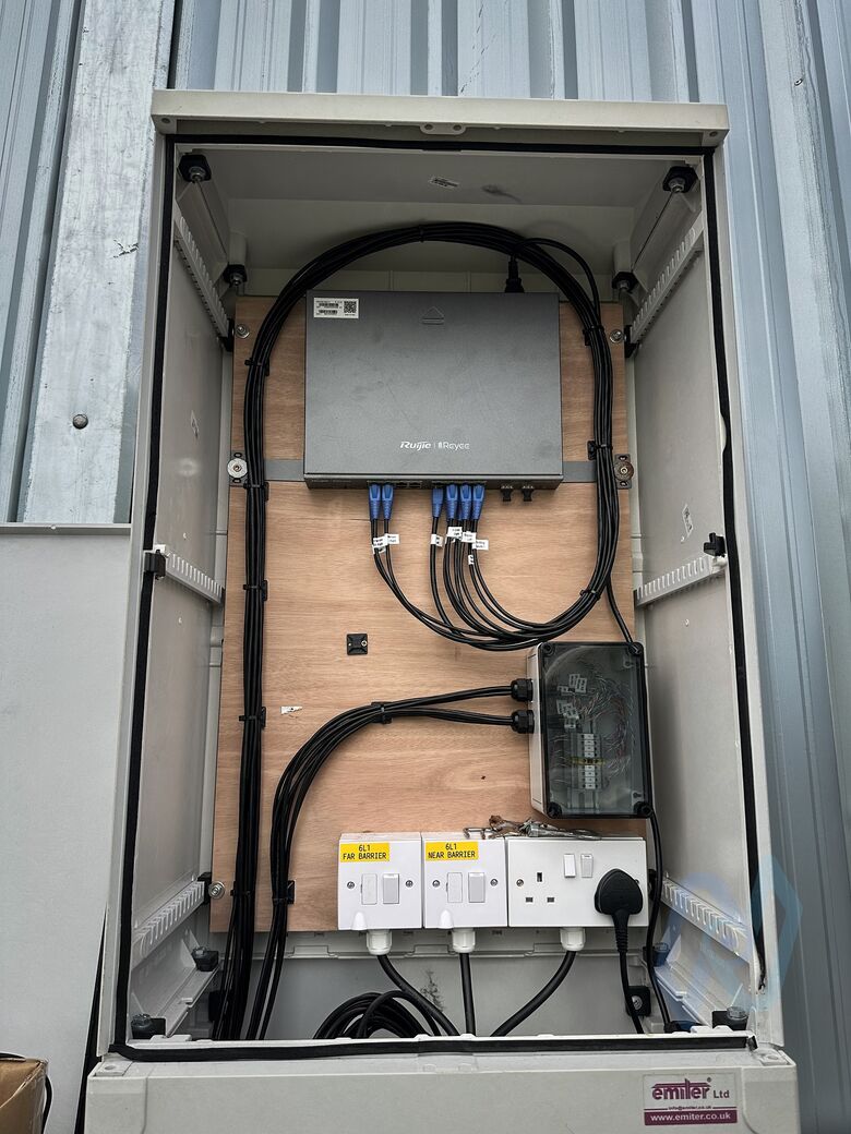 A street cabinet at Motis Dover with a network switch, power and neat cabling