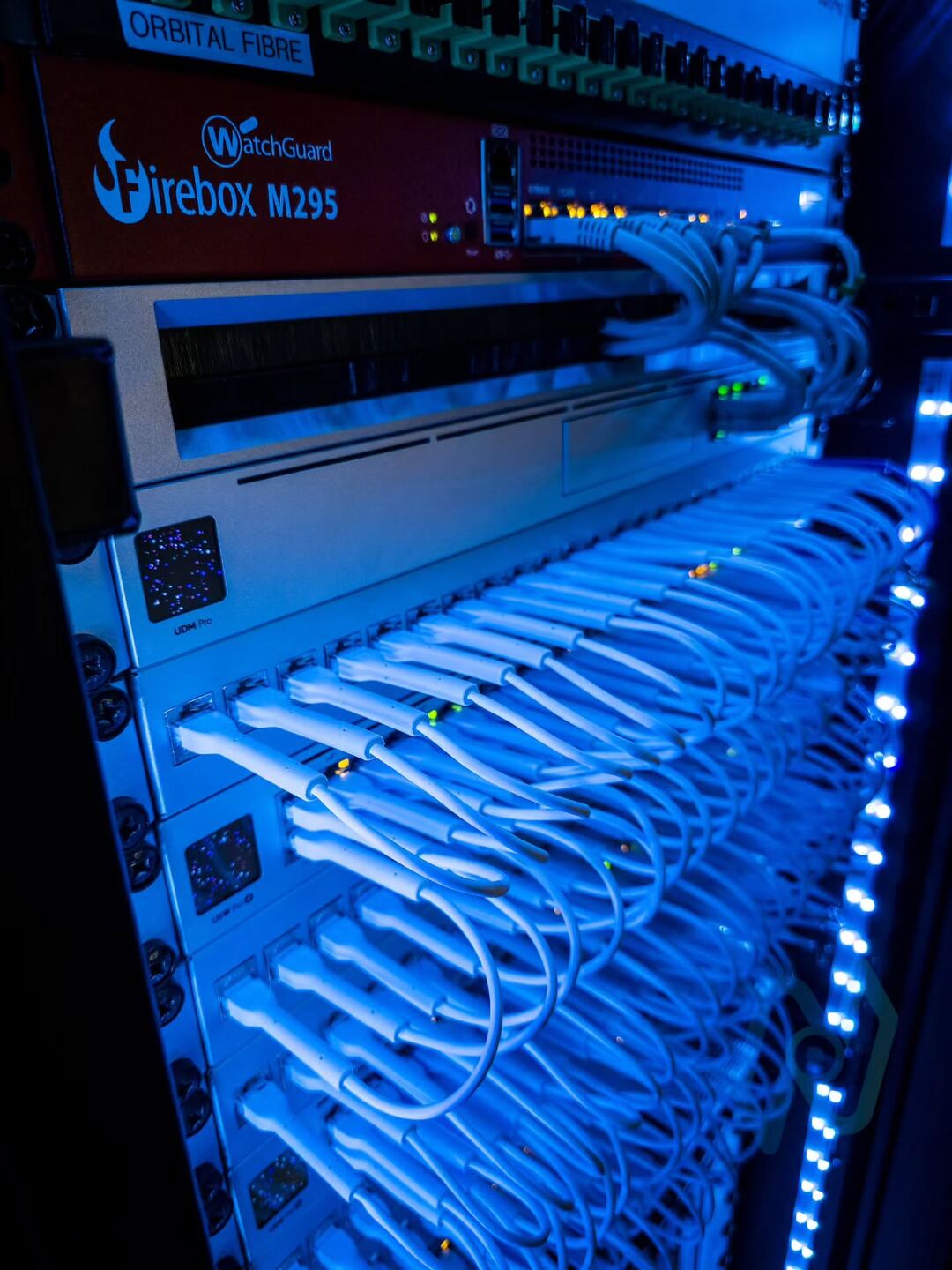 WatchGuard Firebox M295 firewall above rows of neatly dressed patch leads
